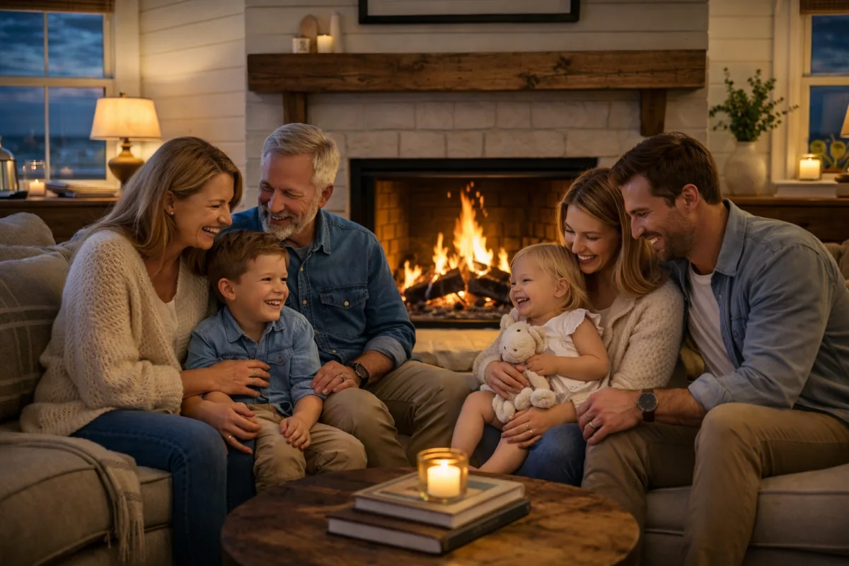 Multiple generations of a family gathered around a fireplace