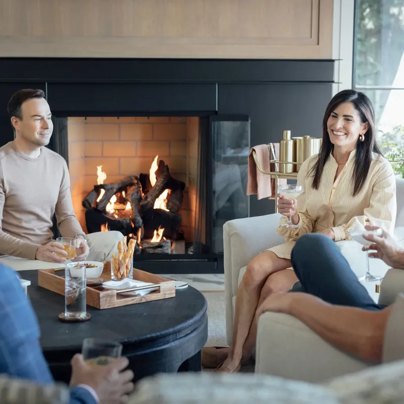 Warm firelight in a cozy living room setting