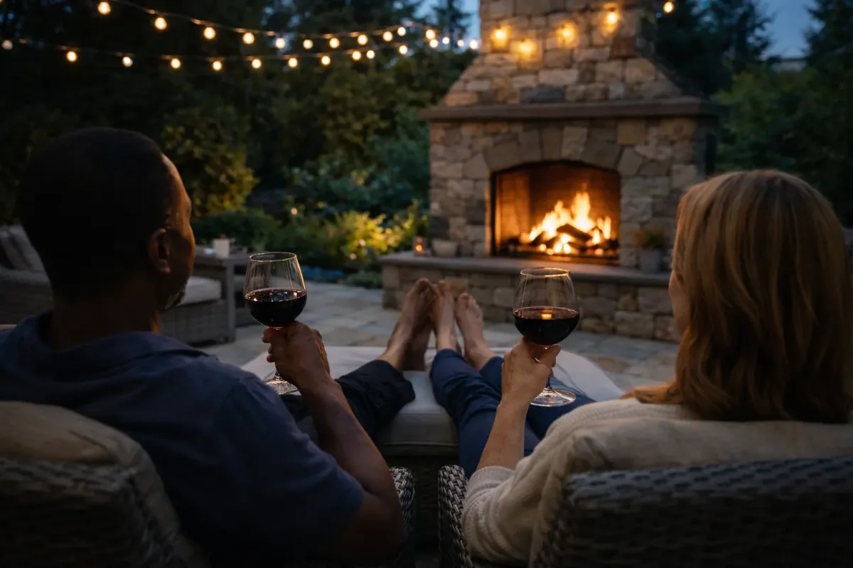 Couple relaxing with wine beside a stone outdoor fireplace on a patio at dusk