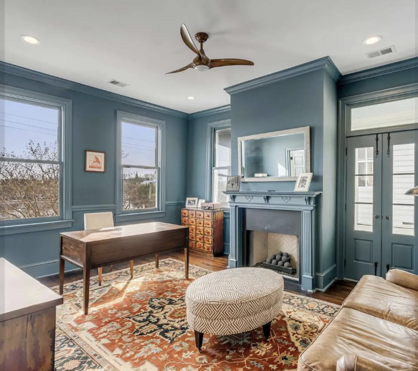 WilliamSmith Fireplaces custom fireplace in modern blue office design