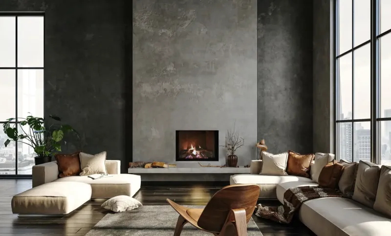 Acucraft frameless direct vent fireplace flush with wall