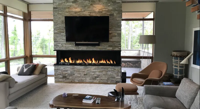 Acucraft custom fireplace in bold architectural setting