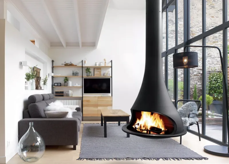 JC Bordelet Tatiana 997 suspended fireplace with contemporary front opening