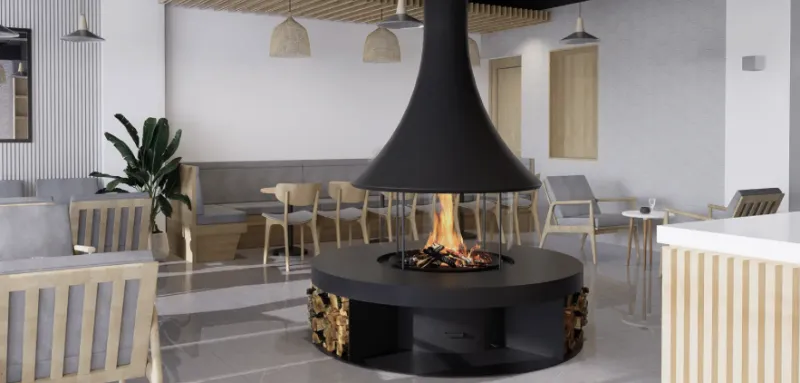 JC Bordelet Eva 992 central fireplace with integrated log storage base