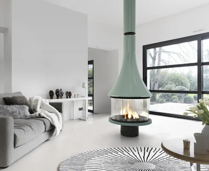 JC Bordelet Marina 993 color glazed central fireplace with panoramic glass