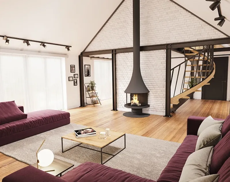 JC Bordelet Marina 993 panoramic view of wood fire through glass