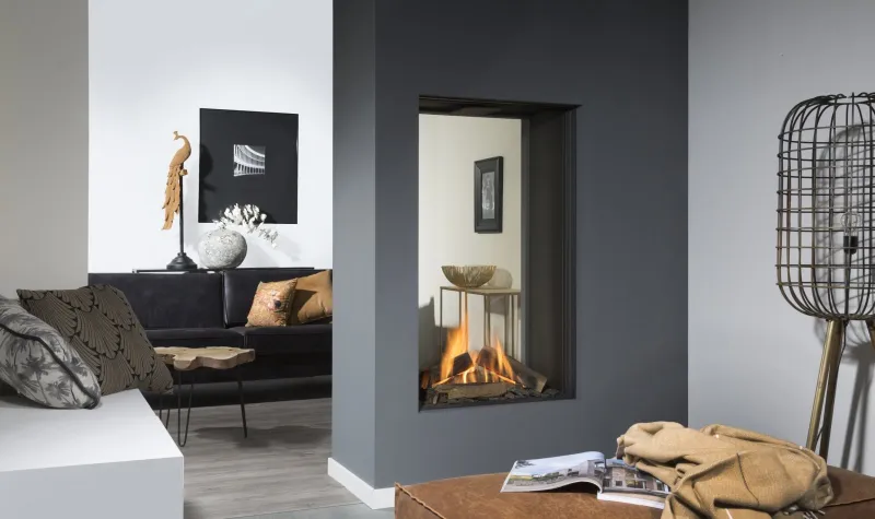 Element 4 Sky Tunnel see-through fireplace in dark wall between two rooms