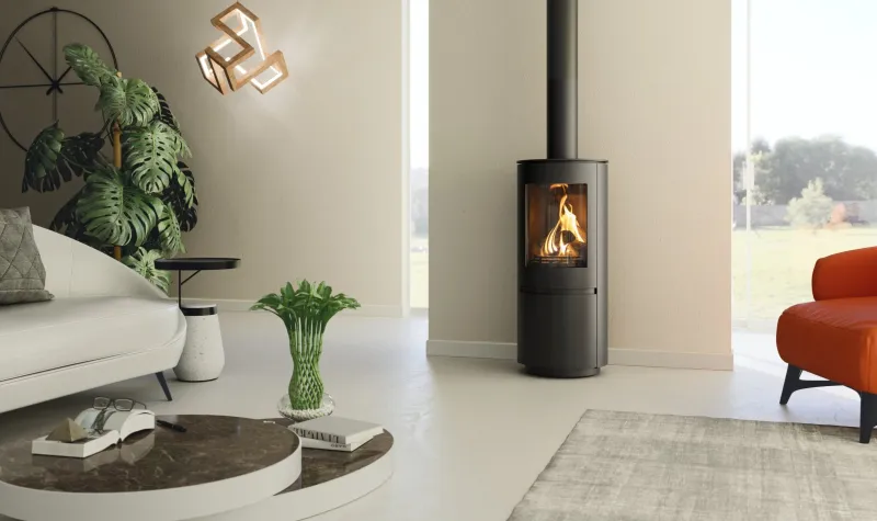 Element 4 Ovation freestanding stove in modern living room with orange chair