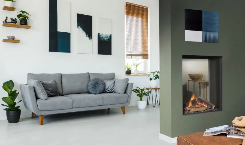 Element 4 Sky Tunnel see-through fireplace in modern green living room