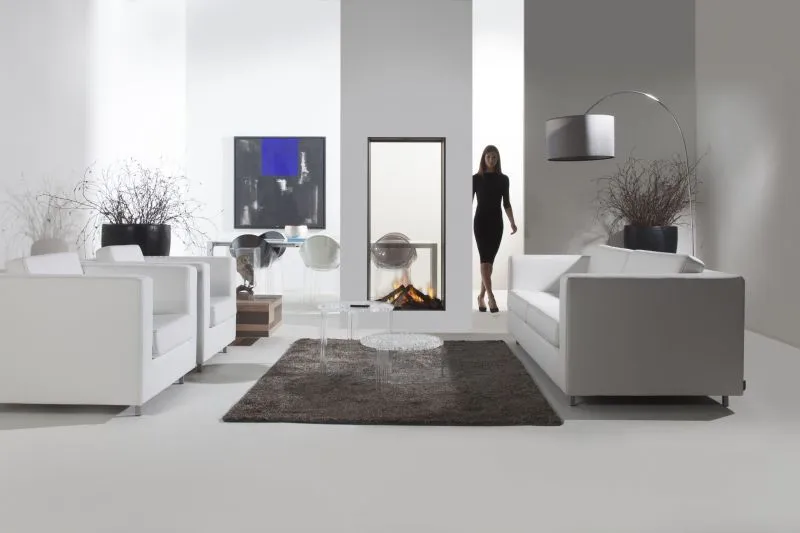 Element 4 Sky Tunnel vertical see-through fireplace in contemporary white interior