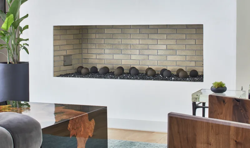 FireRock Linear Fireplace with wide opening in modern living room