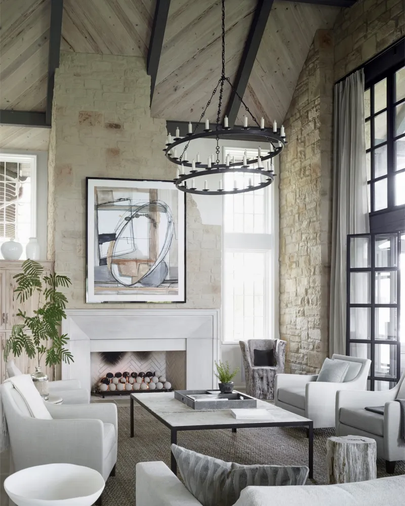 FireRock Linear Fireplace installed with stone veneer surround