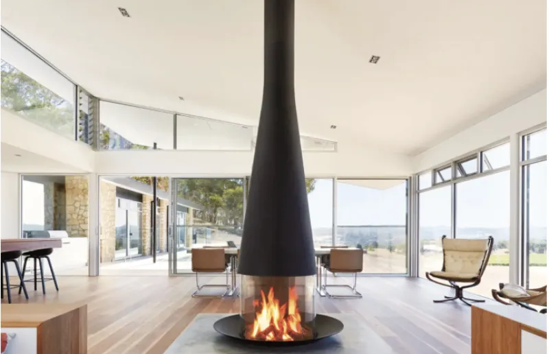 Focus Filiofocus Central freestanding fireplace in open living space