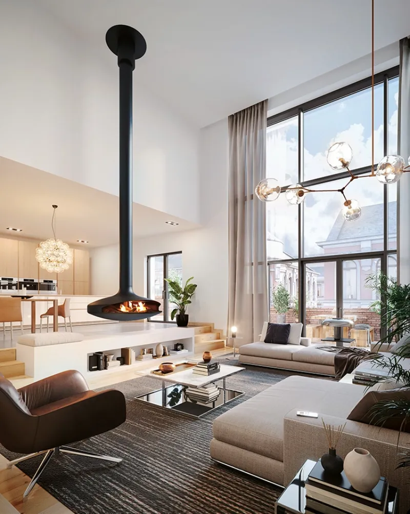 Focus Gyrofocus gas fireplace rotating above living area