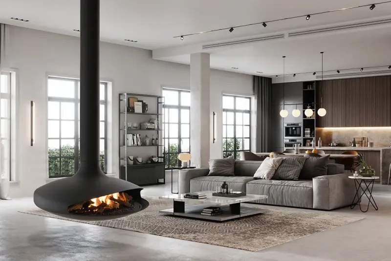 Focus Gyrofocus gas fireplace detail showing flame and design