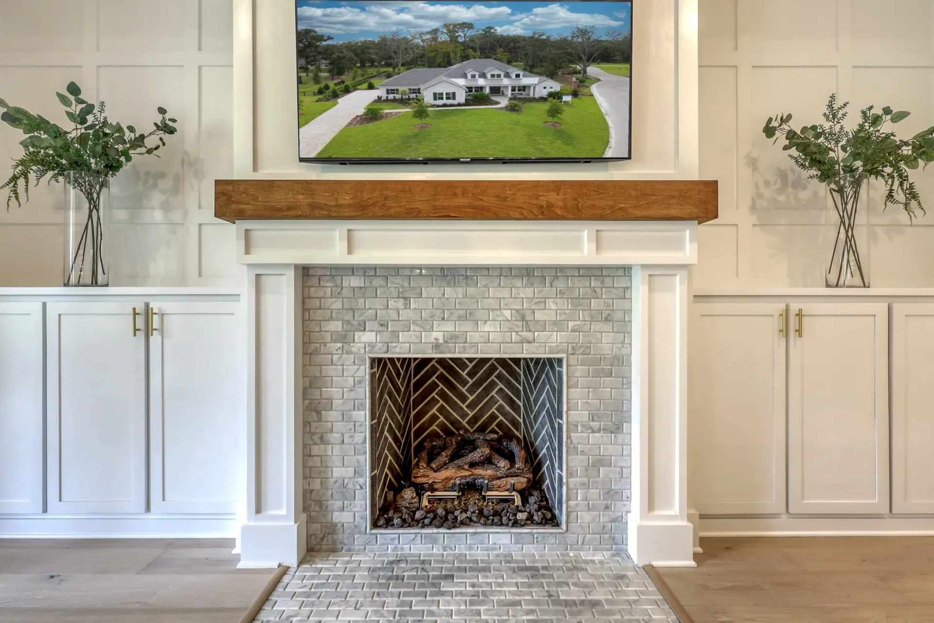 Isokern Vent-Free fireplace with herringbone tile and wood mantel