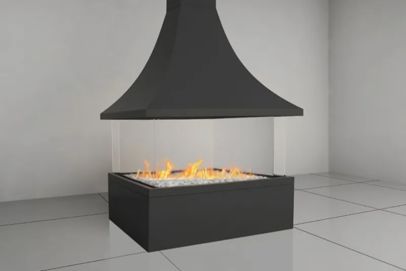 Ortal Island 130 freestanding fireplace showing cool-to-touch glass