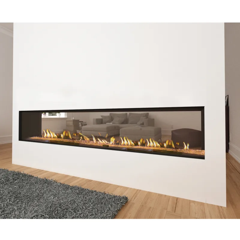 Ortal Tunnel 250 see-through fireplace dividing a modern living space