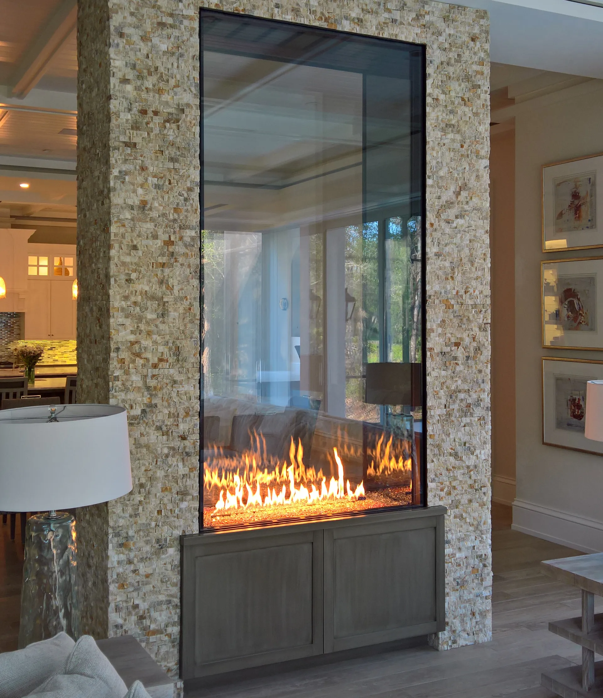 Stellar custom tall pier fireplace with mosaic tile surround
