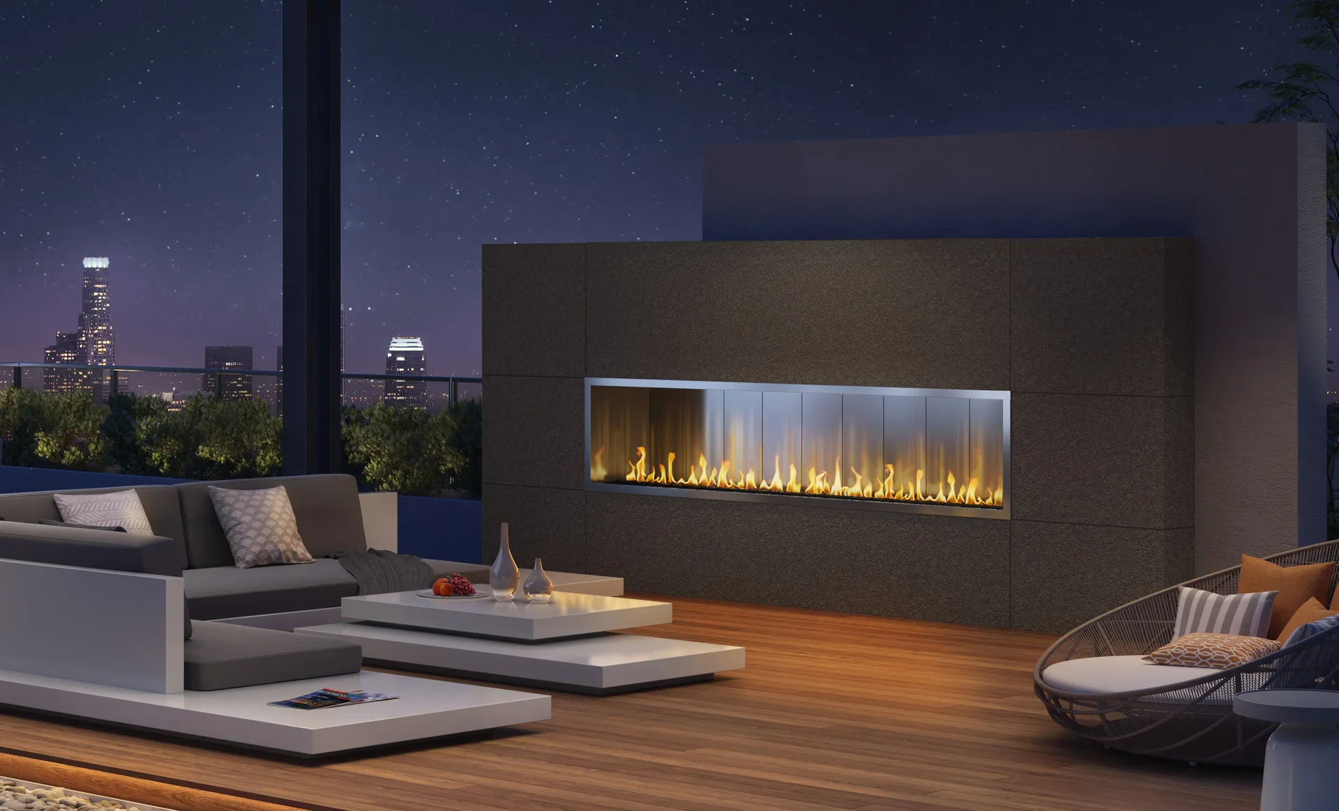 Stellar custom outdoor fireplace on rooftop terrace with city skyline at night