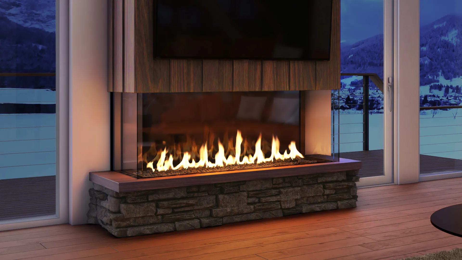 Stellar Enlight bay fireplace with three-sided view and mountain landscape