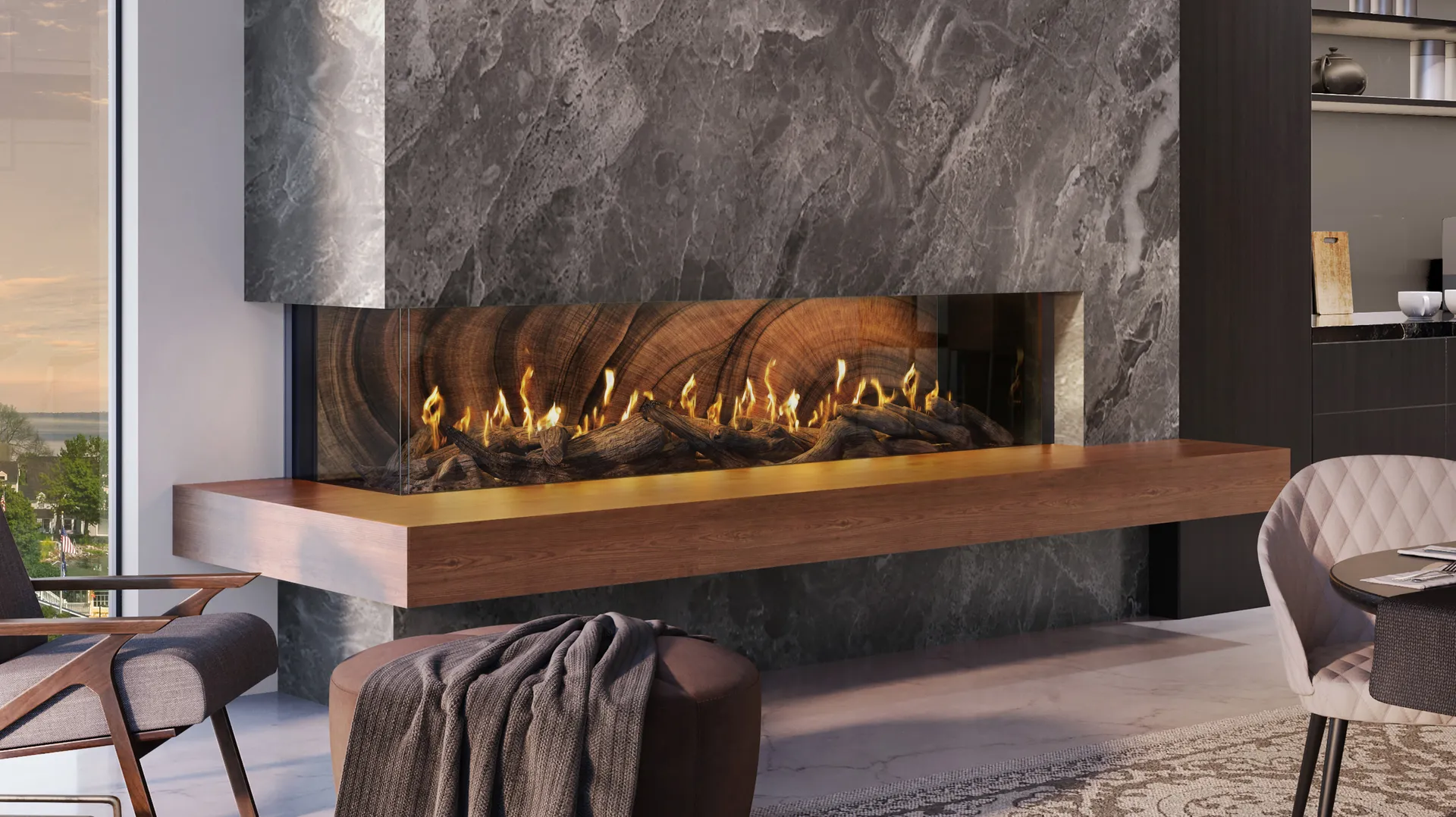 Stellar Enlight see-through fireplace with marble surround and walnut mantel