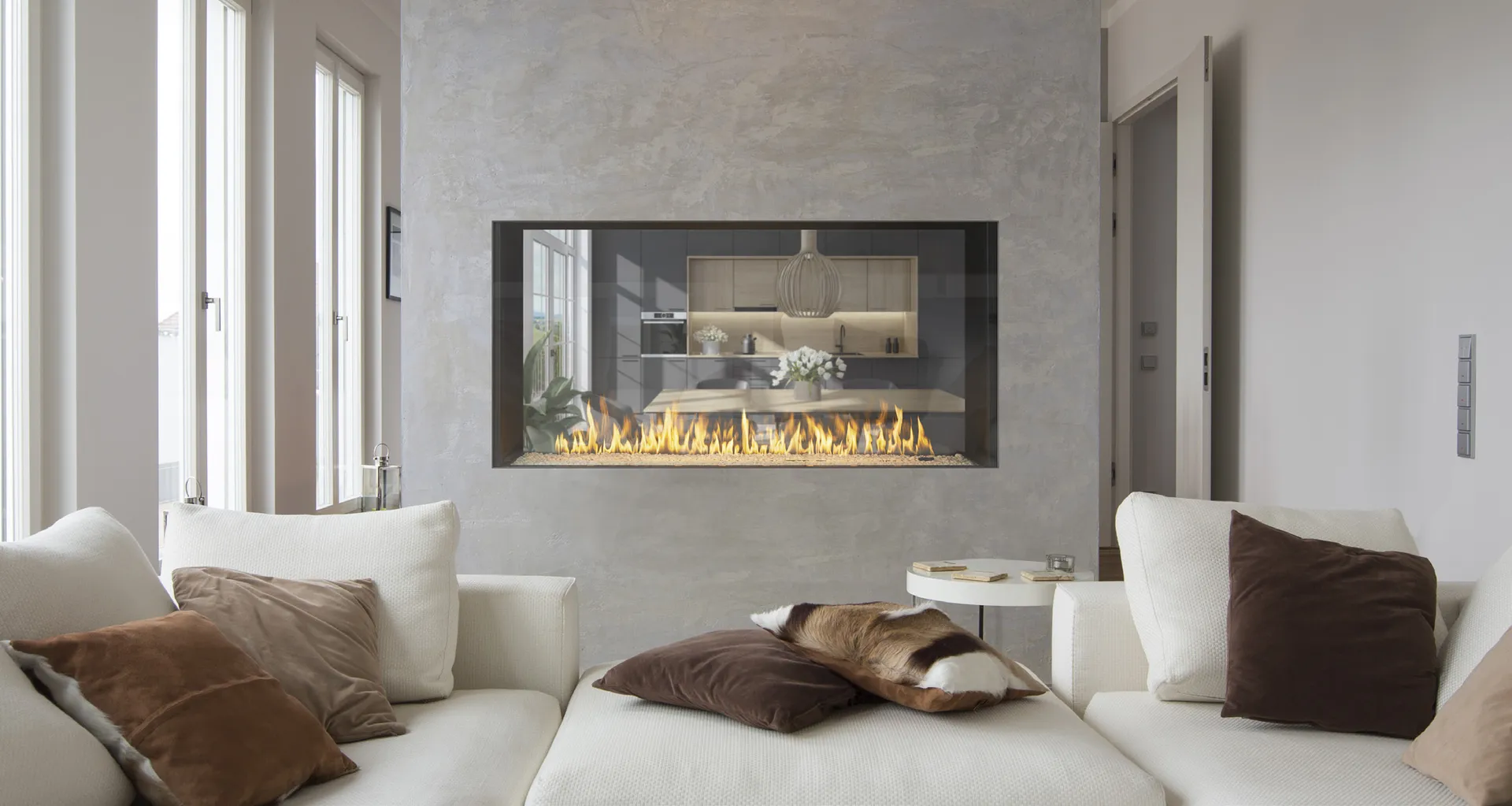 Stellar Enlight corner fireplace uniting two rooms