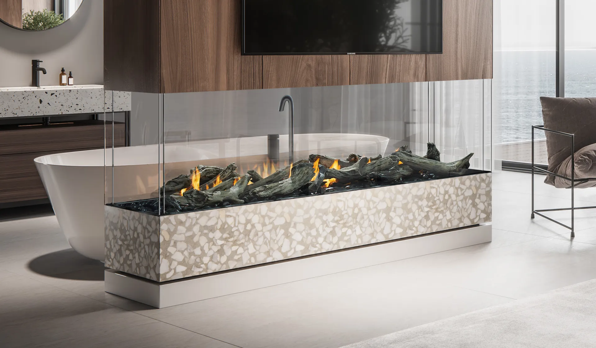 Stellar Enlight pier fireplace dividing a luxury space with flames visible from three sides