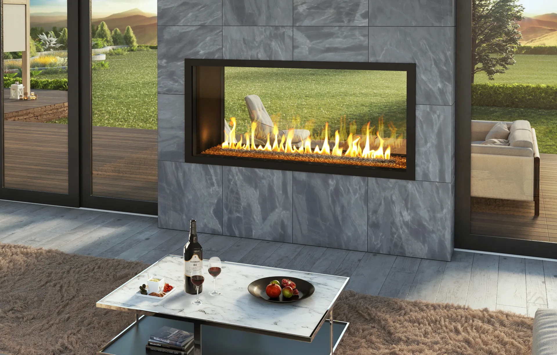 Stellar Transcend indoor-outdoor see-through fireplace with mountain view