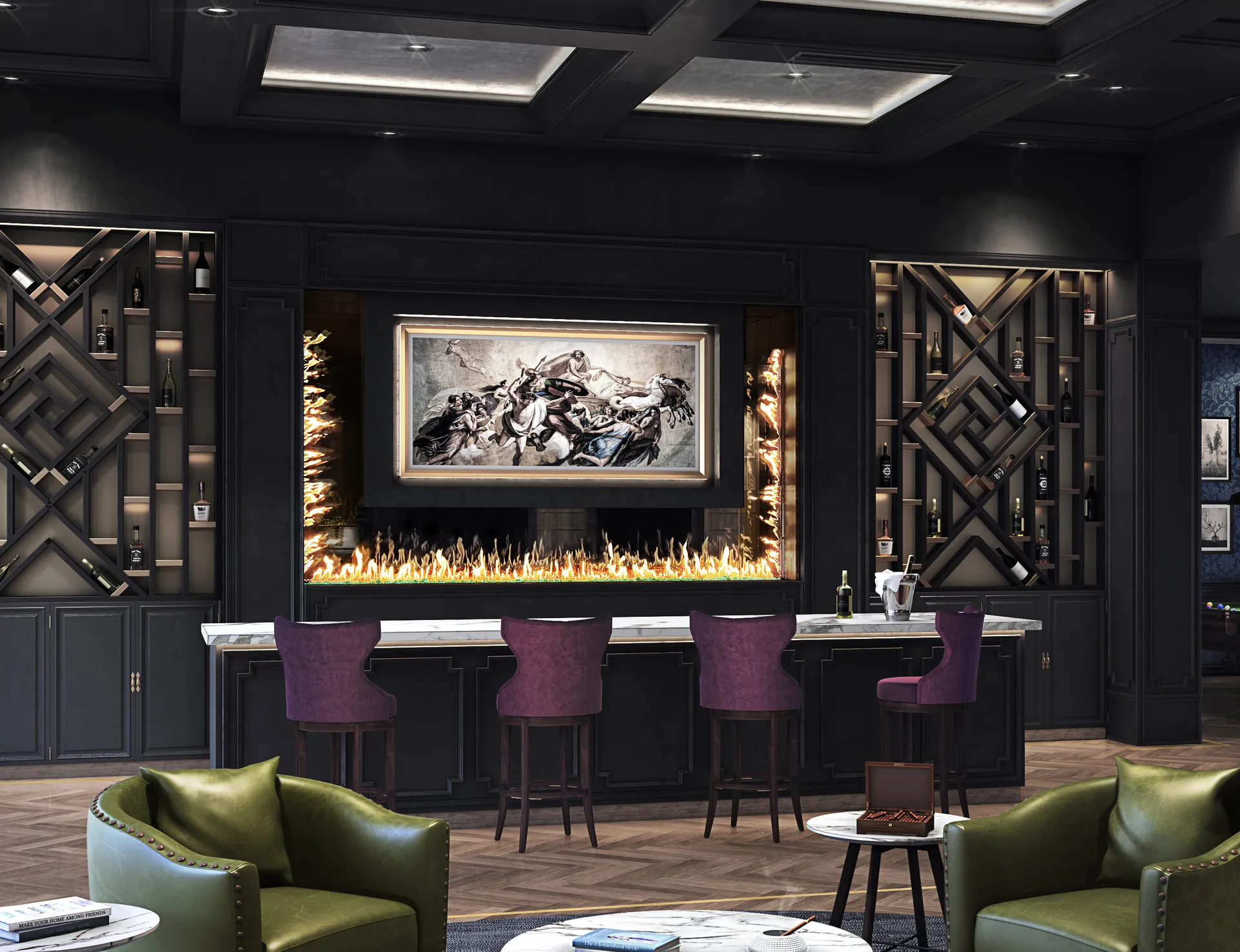 Stellar custom linear fire ribbon behind luxury bar