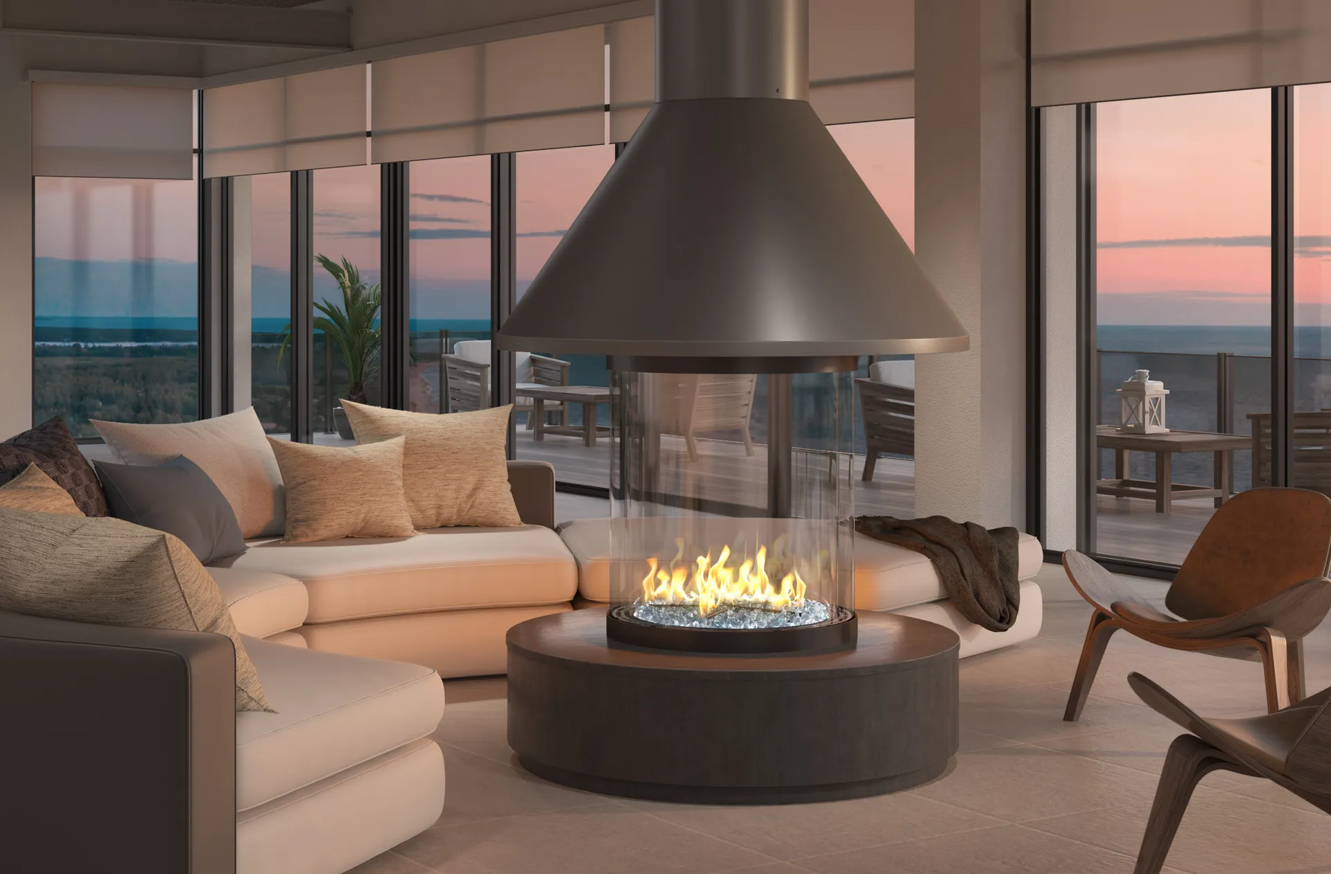 Stellar island fireplace as suspended centerpiece in luxury living room with sunset view