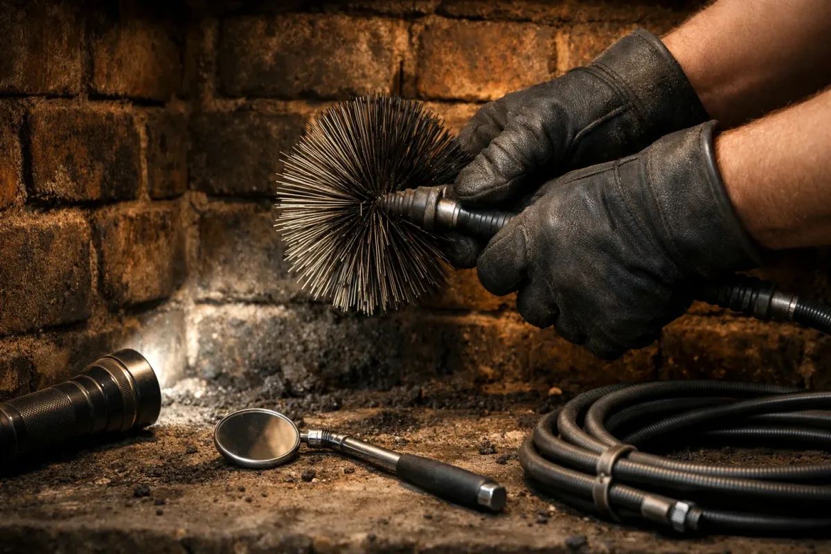 Chimney sweep technician with professional tools and brush