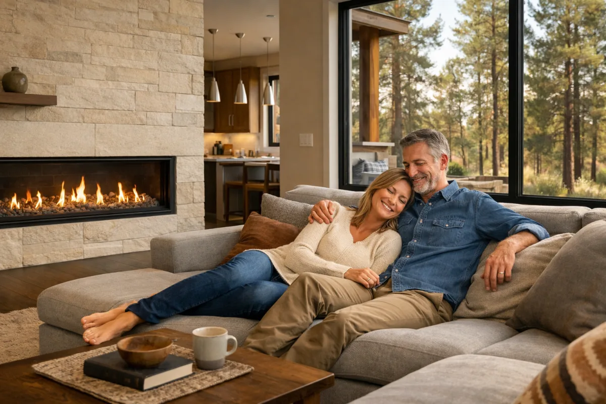 Couple relaxing on couch beside a modern linear gas fireplace