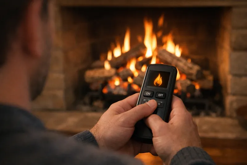 Hands using a remote control to adjust a gas fireplace