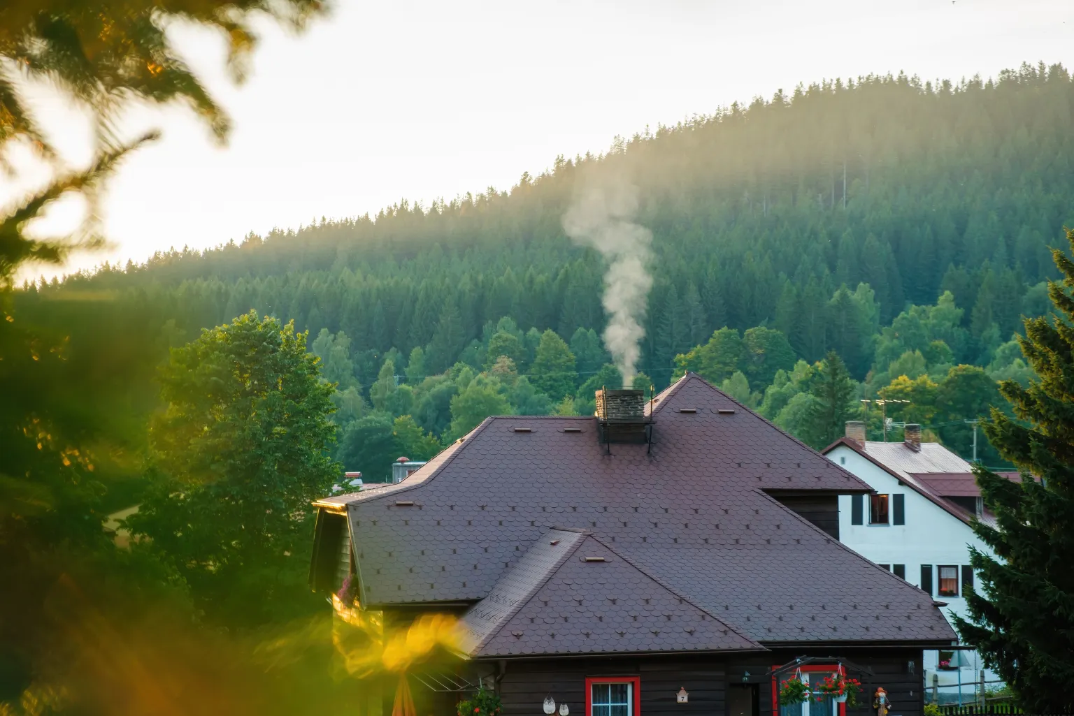Chimney on a residential rooftop