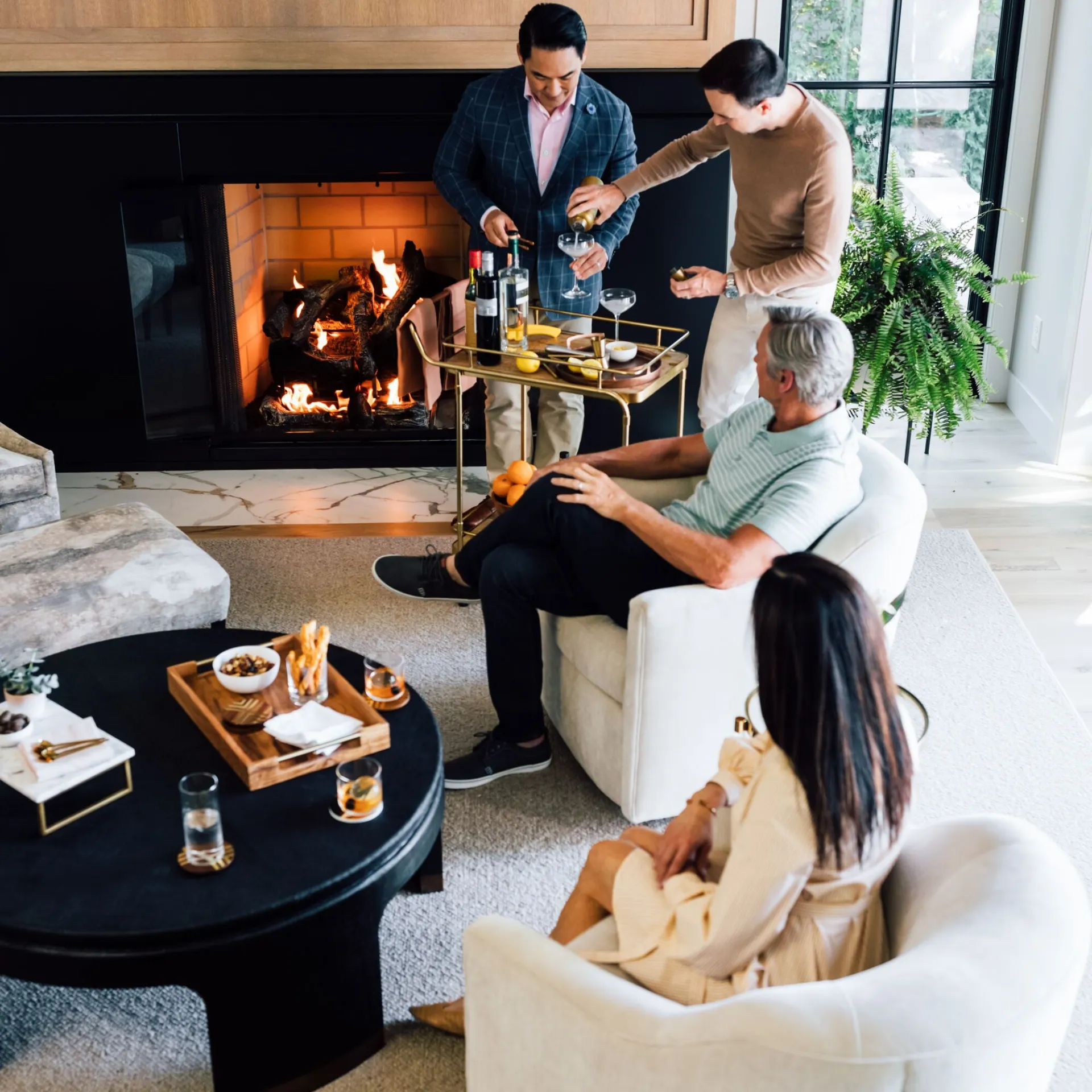 Commercial fireplace in a hospitality setting