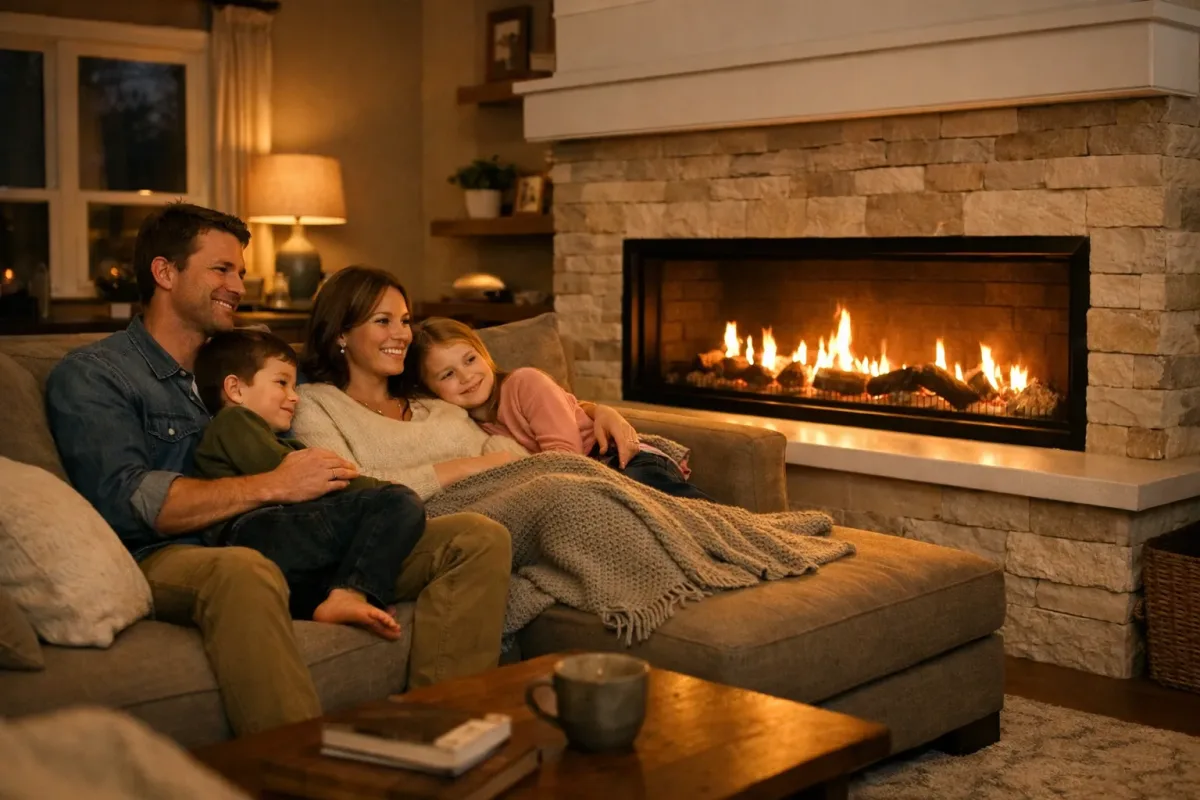 Family gathered around a beautiful gas fireplace in a modern living room