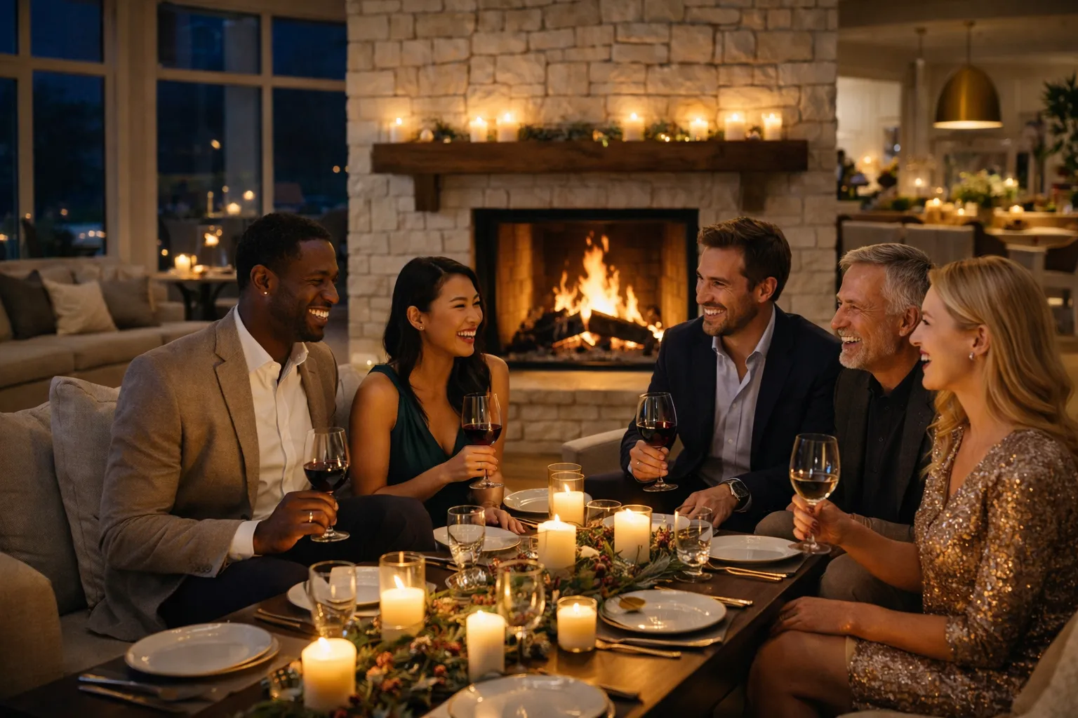 Friends enjoying an elegant dinner party beside a stone fireplace