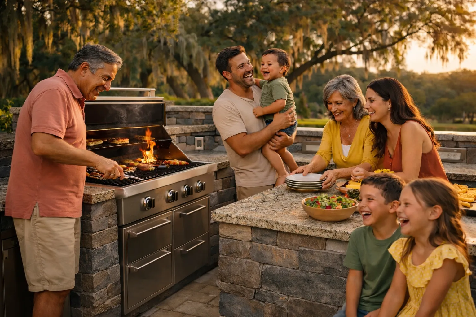 Custom outdoor kitchen with grill and countertops designed for a Charleston home