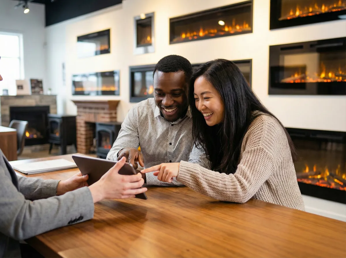 Couple consulting with a design specialist in a fireplace showroom