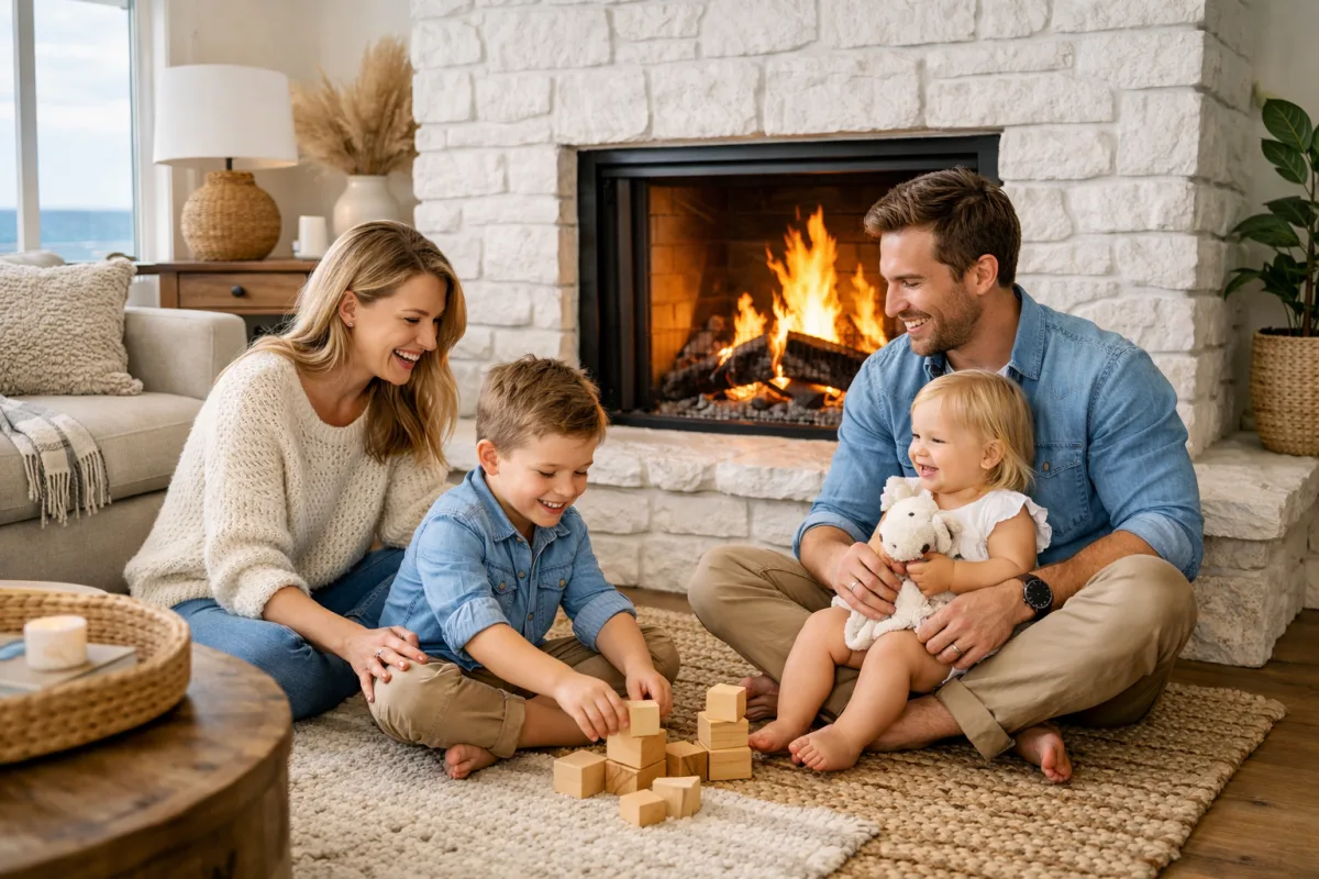 Family playing together in front of a warm fireplace