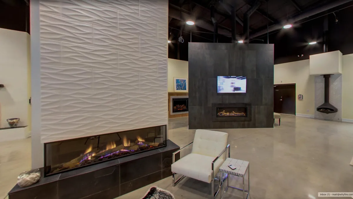 WilliamSmith Fireplaces showroom featuring modern fireplaces on display